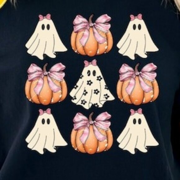 Coquette Halloween Pumpkin Bow T-Shirt, Cute Halloween Ghost Pumpkin T-Shirt - Picture 2 of 4